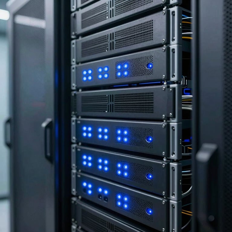 Detail shot of modern technology infrastructure in a clean server room with blue LED indicators.