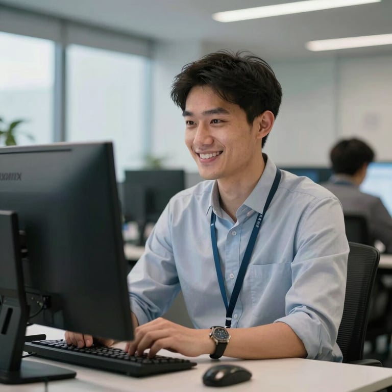 A smiling professional looking confidently at a high-resolution monitor in a high-tech British office environment.