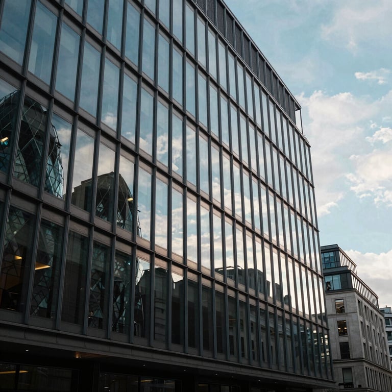 A wide shot of a sleek London office building with glass windows reflecting a soft blue sky.