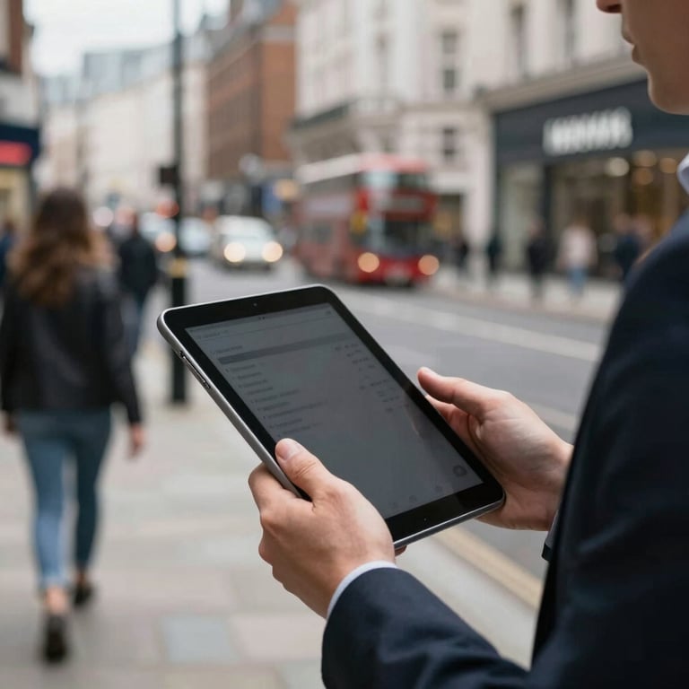 A blurred background of a bustling London street with a sharp focus on a professional person holding a tablet.