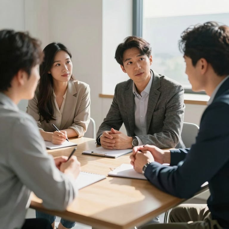 Professional consultants in business casual attire discussing strategy around a light wood table in a sunlit room.
