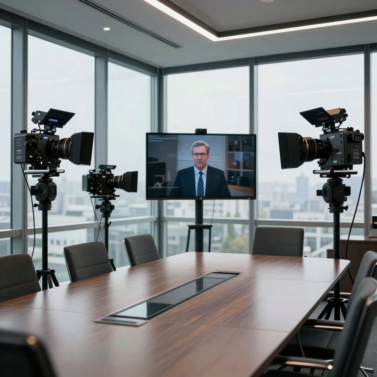 A sophisticated boardroom with large glass windows and high-end media equipment set up for a corporate branding presentation.