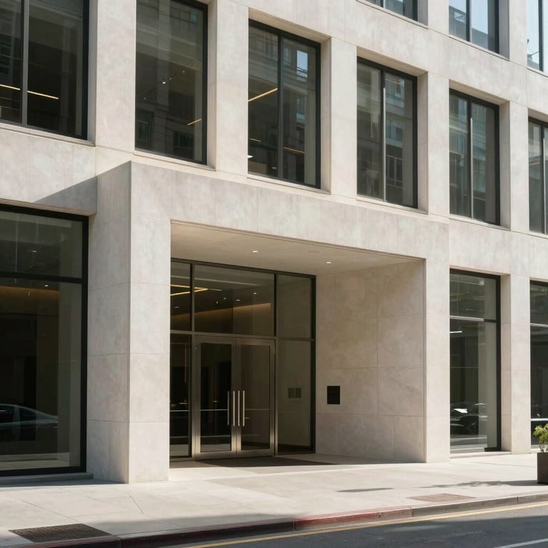 Minimalist architecture of a modern office building entrance in a US business district, with clean lines and off-white stonework.