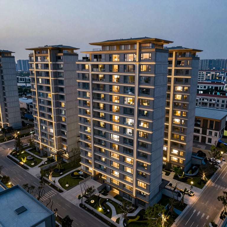 High-altitude aerial photography of a luxury residential property at dusk, showcasing architectural details and modern landscape lighting.
