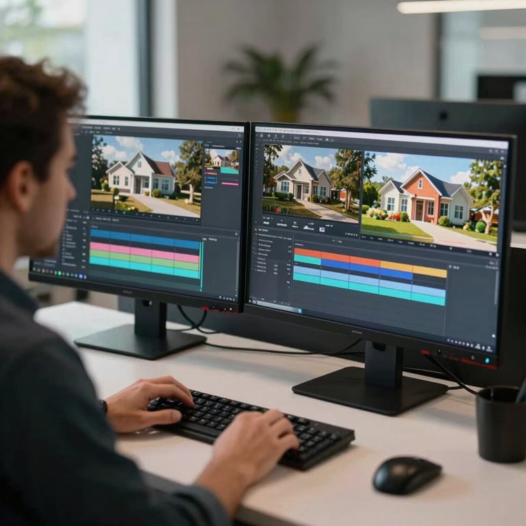 A media producer at a modern workstation with dual monitors, editing high-definition real estate video content for a corporate client.