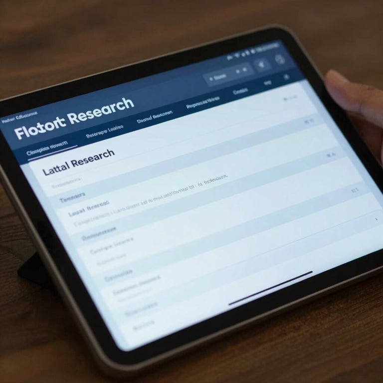 A close-up of a digital tablet displaying a professional legal research dashboard with a clean, dark blue and light blue interface.