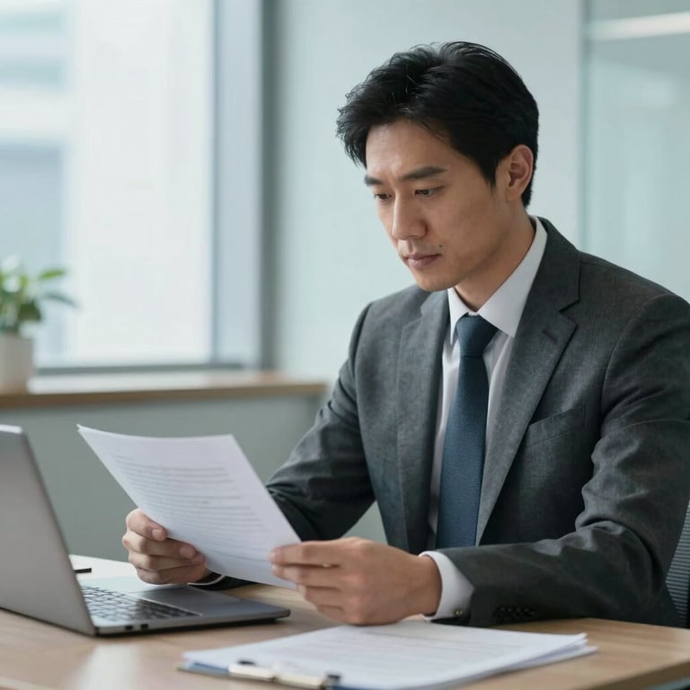 A professional consultant in corporate attire reviewing legal documents in a bright, modern North American office with light blue accents.