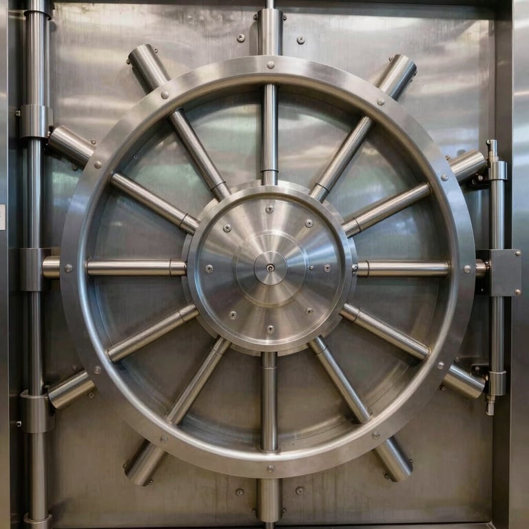 A close-up of a heavy steel vault door, polished to a high shine, symbolizing deep security.
