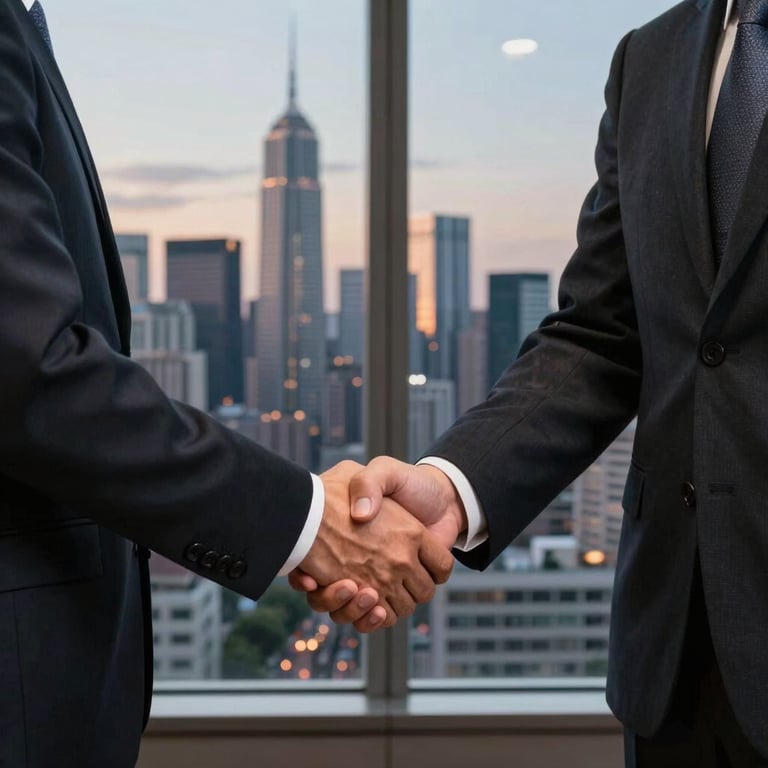 Two professionals in corporate suits shaking hands in front of a window overlooking a global city skyline at dusk.