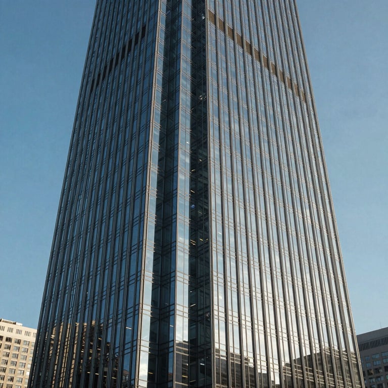 An architectural shot of a modern financial district skyscraper reflecting a clear blue sky in its glass facade.