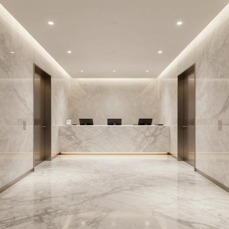 A wide shot of a clean, minimalist banking lobby with marble floors and sophisticated lighting.