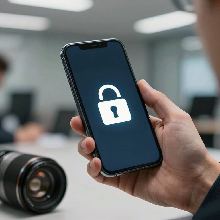 A digital security concept: a professional hand holding a smartphone showing a secure lock icon in a corporate setting.