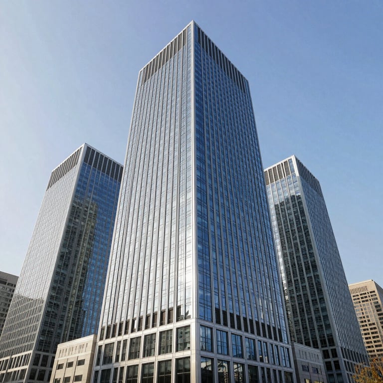 A wide shot of a modern glass skyscraper in a North American business hub under a clear sky, conveying enterprise-level scale and authority. Steel blue and white color palette.