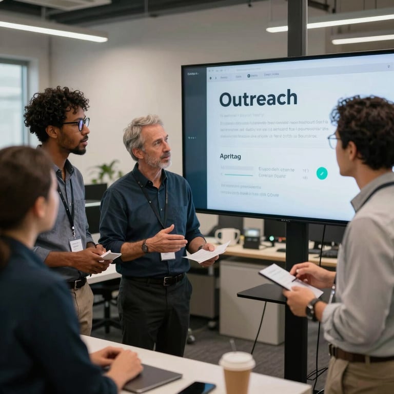 A team of diverse professionals in a high-growth SaaS startup environment discussing outreach strategies around a digital display. North American office setting.