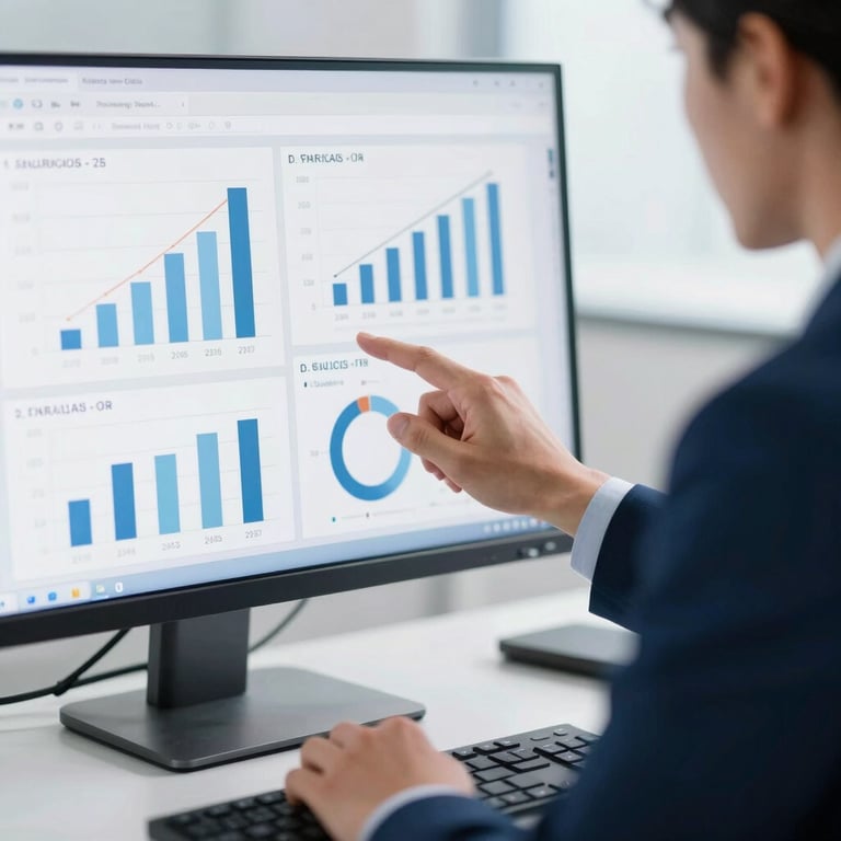 A close-up of a professional in business formal attire analyzing data-driven sales charts on a sleek computer monitor in a clean office. Colors include white and deep blue.