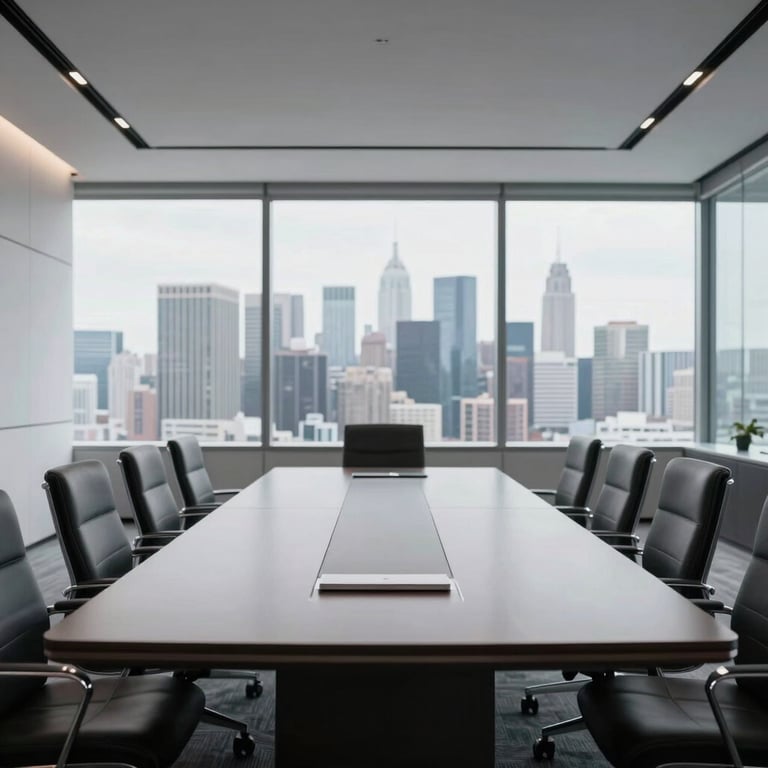 A minimalist, high-end meeting room with an focus on clean lines, high-tech hardware, and a panoramic view of a city skyline. Professional and trustworthy atmosphere.