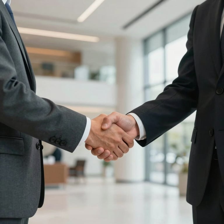 Two business partners shaking hands in a bright, modern lobby with a minimal architectural design. North American professional context, professional lighting.