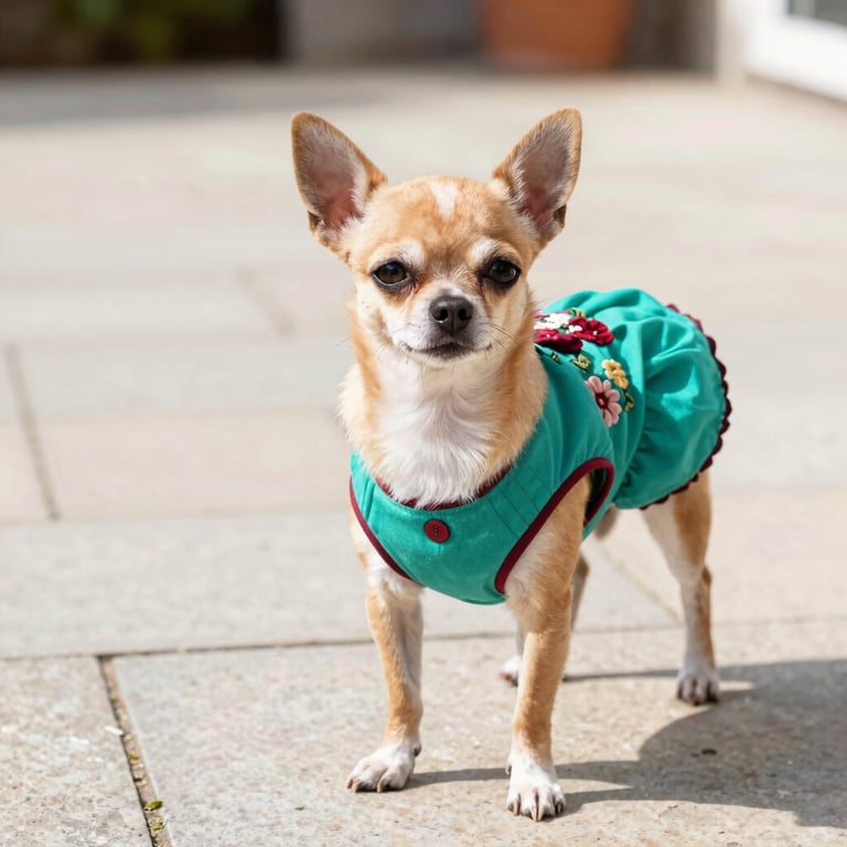 perrita de la raza chihuahua con vestido tradicional mexicano con detalles de flores y tela color turqueza