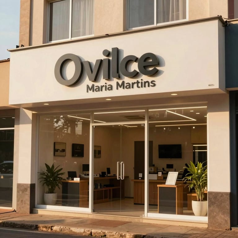 The professional storefront of Ovilce Maria Martins in Cuiabá, featuring clean lines and warm lighting.