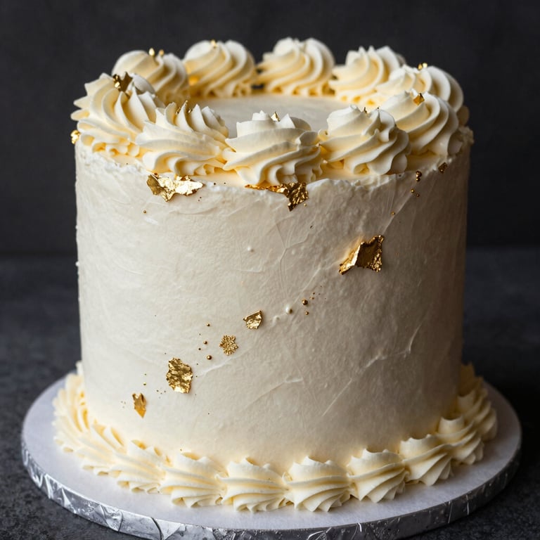A beautifully decorated celebration cake with cream frosting and gold leaf accents.