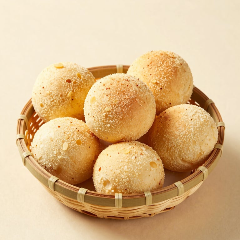 A basket of warm Brazilian cheese breads (pão de queijo) on a cream-colored surface.