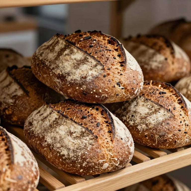 Artisanal multi-grain loaves of bread stacked on a wooden bakery rack.