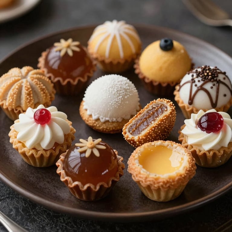 Assorted Brazilian sweet pastries on a dark brown elegant serving platter.