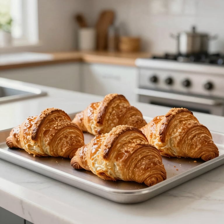 A tray of golden, flaky croissants in a bright, modern South American kitchen.