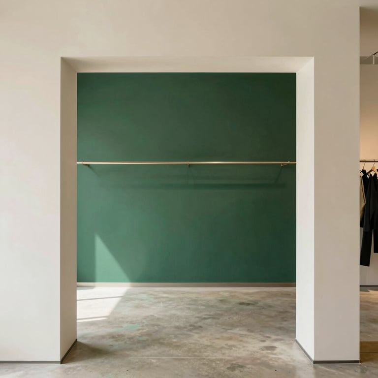 Straight-on architectural view of a minimalist local retail boutique interior, polished concrete floors, clean lines, soft natural daylight, 35mm