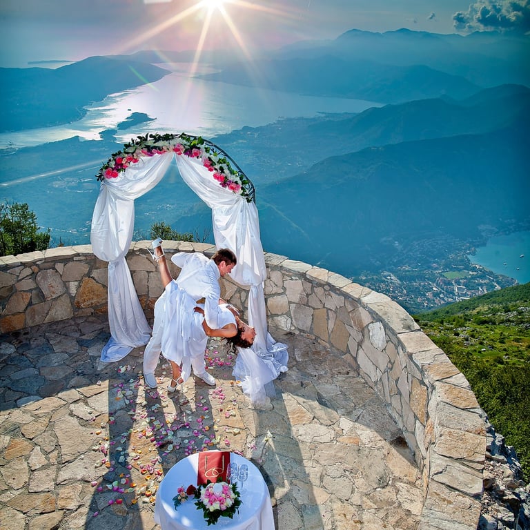Wedding ceremony in the mountain Lovcen above Kotor and Tivat with view of Boka bay