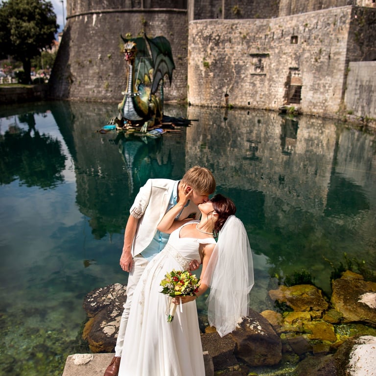 Wedding at Kotor castle fortress - Couple stone walls emerald water Montenegro medieval Boka Bay