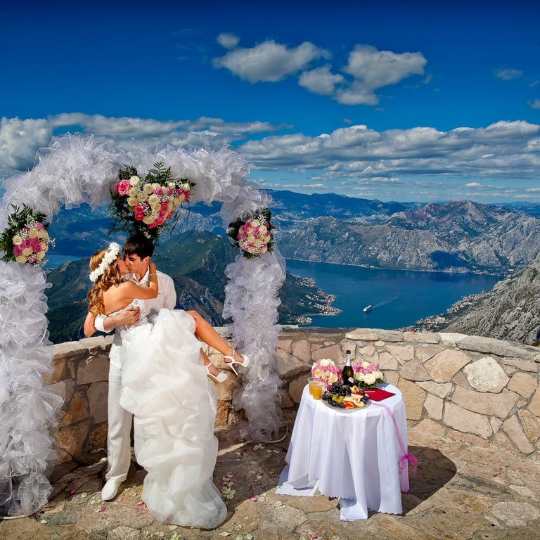 Sunset wedding photoshoot Budva beach Adriatic Sea - Bride in white dress