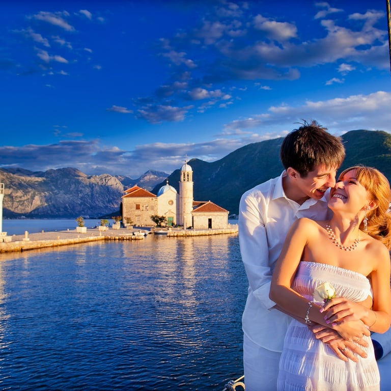 Romantic wedding photoshoot Kotor Boka Bay mountains - Bride and groom at sunset