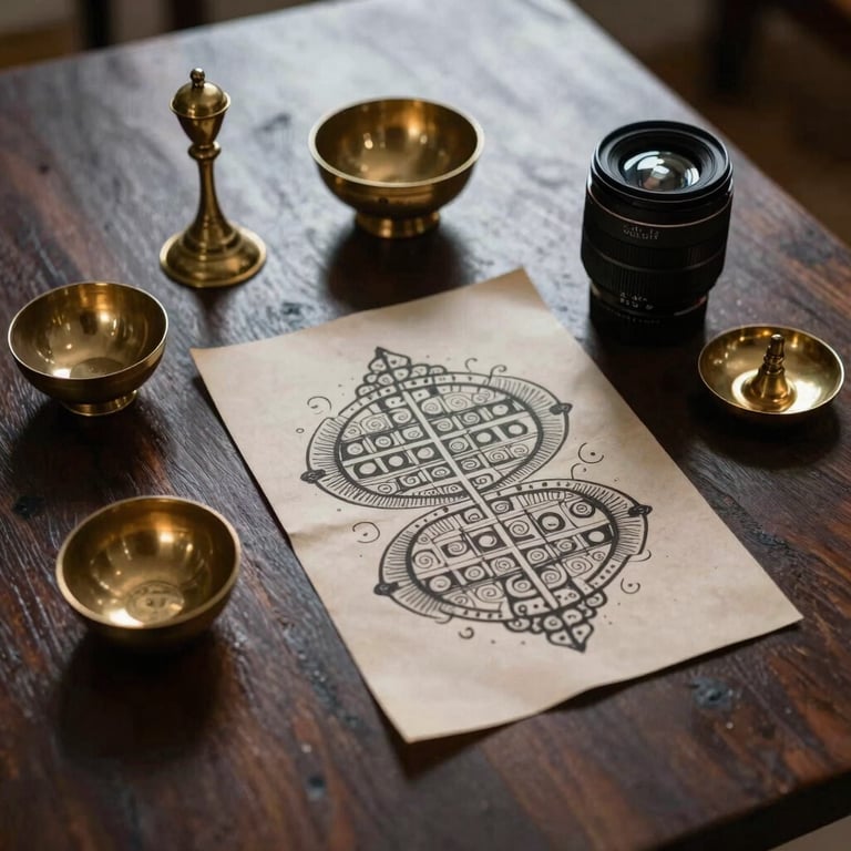 Low-key lighting on brass pooja utensils and ancient palmistry charts arranged on a dark wooden table, soft shadows.