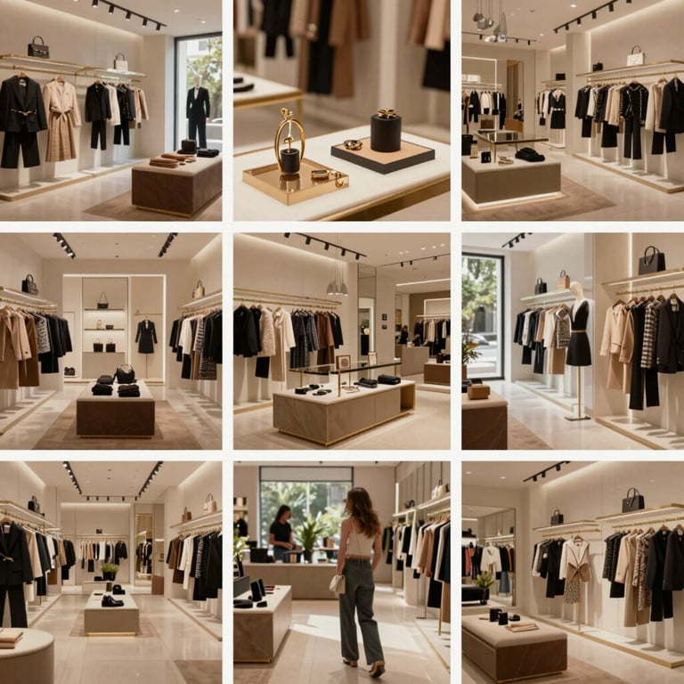 A stylish collage of UGC video clips showing fashion accessories in a modern, sunlit Indian luxury boutique.