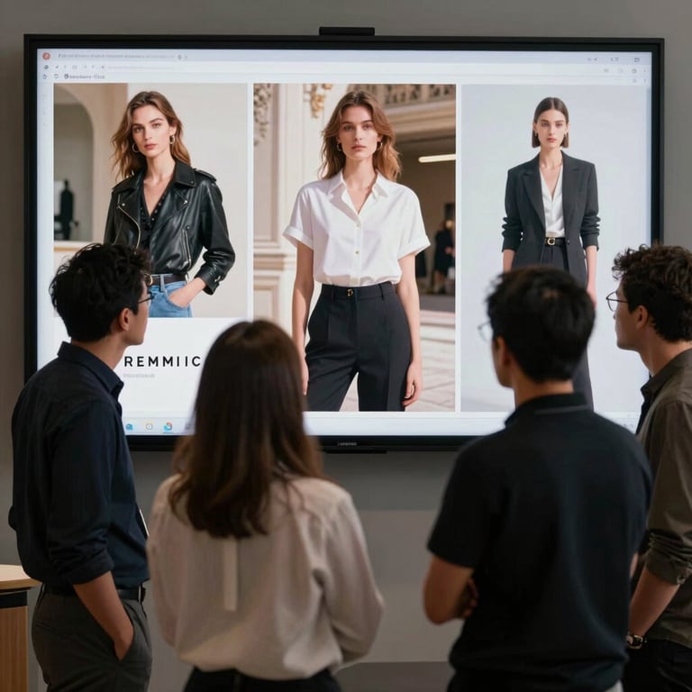 A professional team collaborating around a digital display showing innovative CGI advertisements for a premium fashion brand.