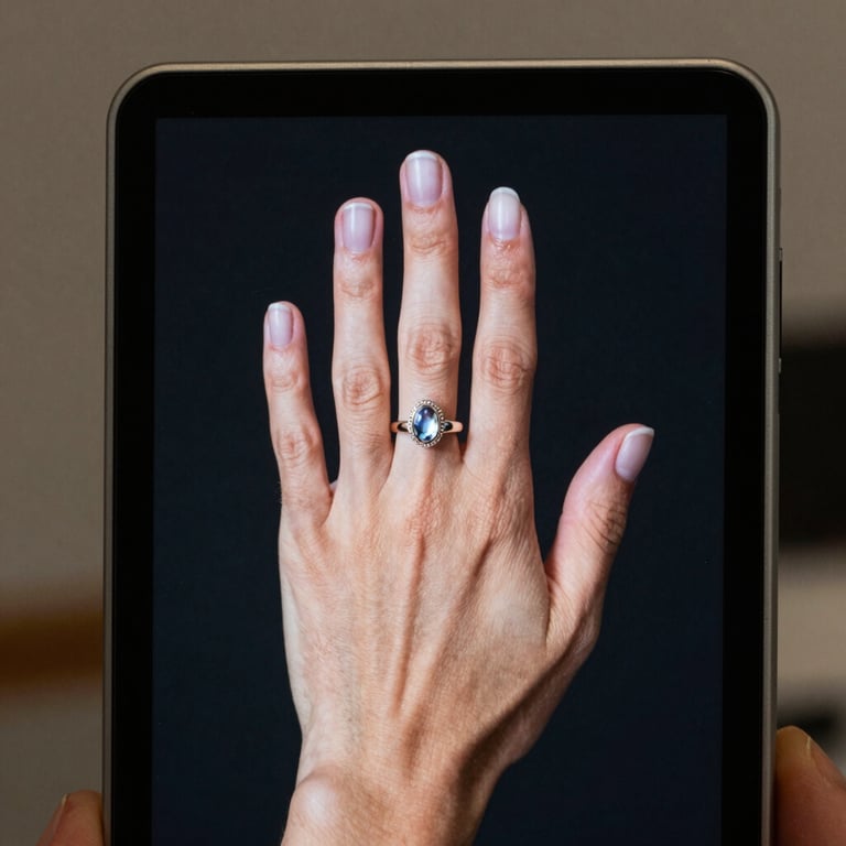 A close-up of a digital display showing virtual try-on software with a ring overlay on a user's hand.