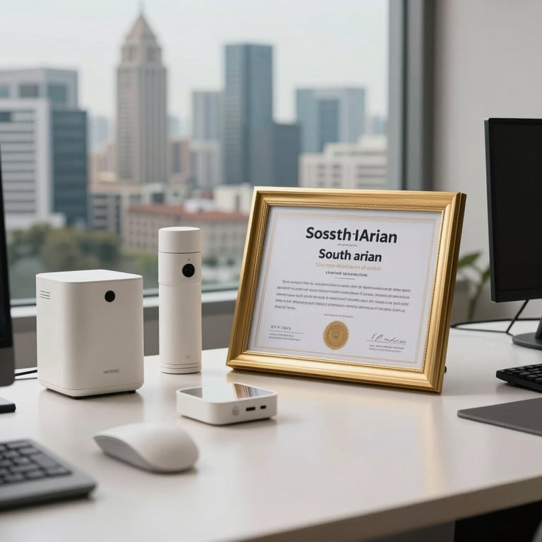 A sophisticated workspace with off-white tech gadgets and a gold-framed professional certification, overlooking a South Asian city skyline.