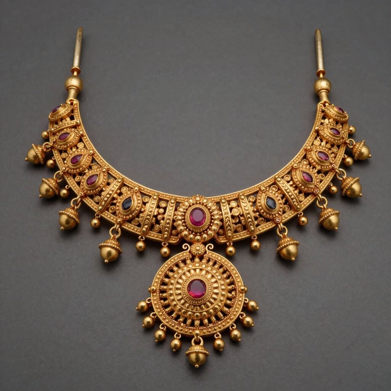 A macro shot of a gold necklace being rendered in a CGI environment, featuring intricate South Asian craftsmanship and sharp digital details.