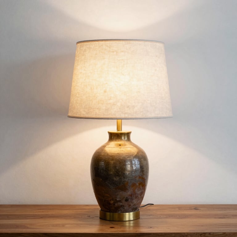 A moody walnut-toned living room bathed in warm amber light, showcasing a serene and inviting atmosphere.