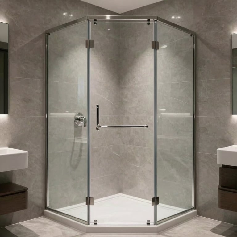A beautiful frameless glass shower enclosure in a luxury bathroom with light grey tiles.