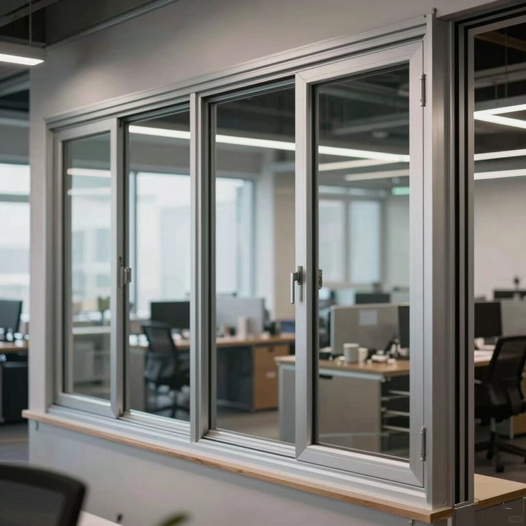 Large aluminum window frames being installed in a professional office space.