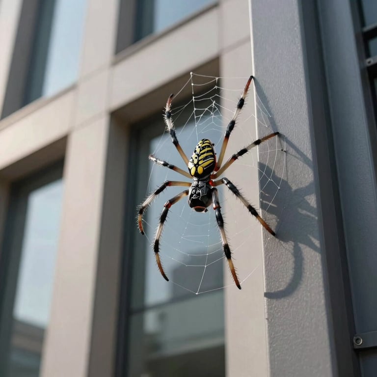 Precision detail of a glass spider fitting on a commercial building facade.