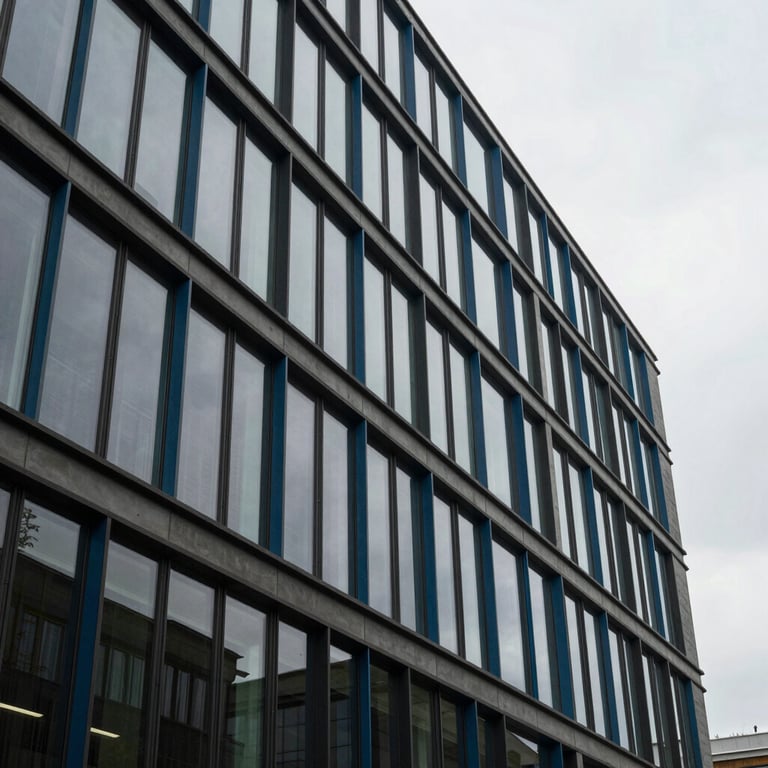 Exterior of a contemporary building featuring extensive use of structural glass and blue accents.