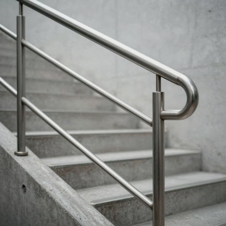 Close-up of sleek stainless steel handrails on a minimalist concrete staircase.