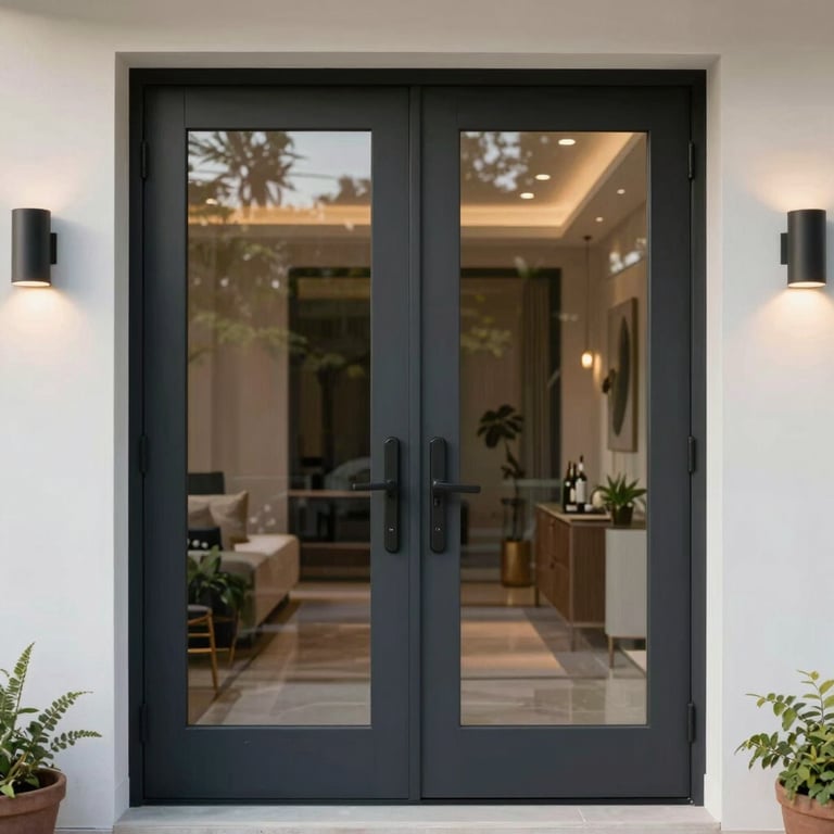 Modern tempered glass front door for a high-end house in a Hispanic / Latin American setting.