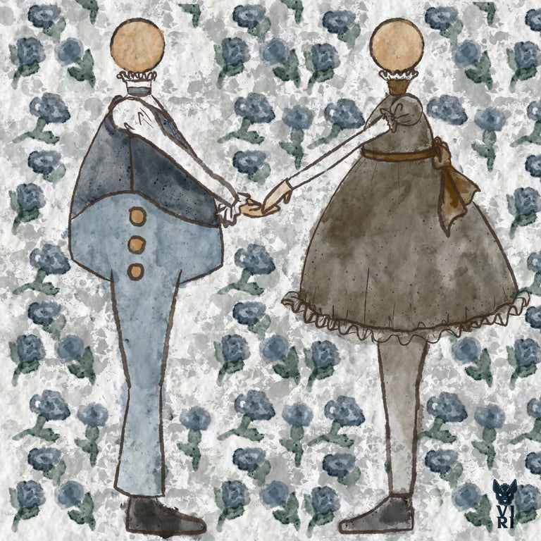 Whimsical watercolor illustration of a Victorian couple holding hands against a blue floral pattern.