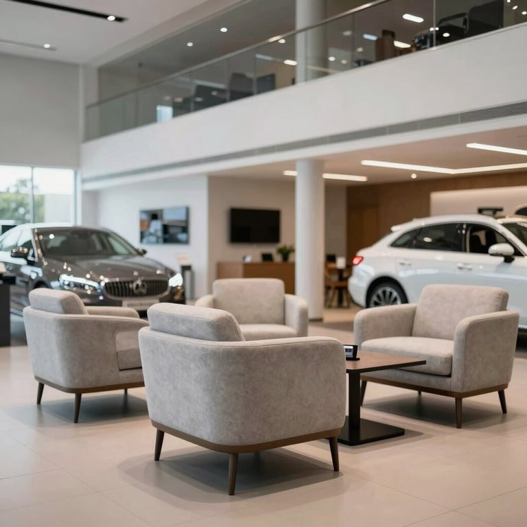 An interior view of a high-end car dealership with clean lines and premium furniture.