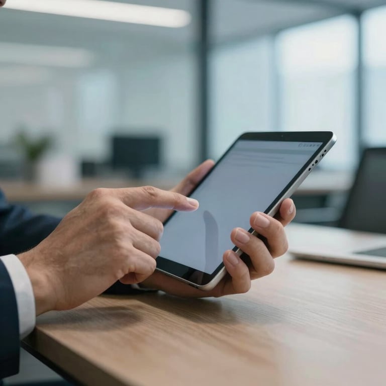 A close-up of an executive's hands using a tablet in a modern office with blue accents.