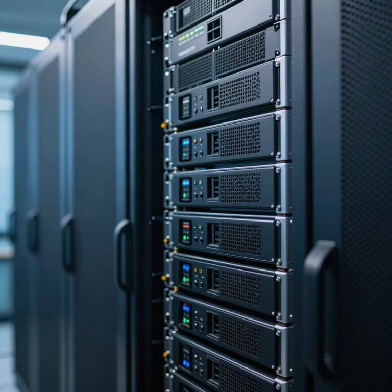 A sharp-focus photograph of a high-tech server room with soft blue lighting.